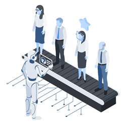 lllustration de 4 candidats qui se font "analyser" par un robot