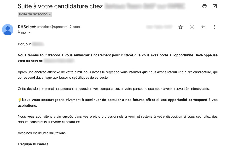 Réponse par email suite à votre candidature