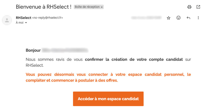 Email de confirmation de la création d'un compte candidat